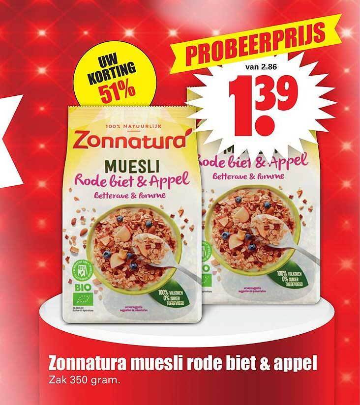Zonnatura muesli rode biet & appel 350gram aanbieding bij Dirk