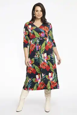 Wehkamp Yoek gebloemde A-lijn jurk DOLCE van travelstof blauw/rood/groen aanbieding