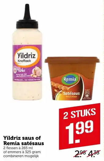 Coop Yildriz Saus of Remia satesaus 2*265ml/325g aanbieding