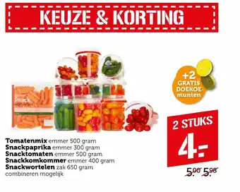 Coop Tomatenmix 500 gr, snackpaprika 300 gr, snacktomaten 500 gr, snackkomkommer 400 gr, snackwortelen 650 gr aanbieding