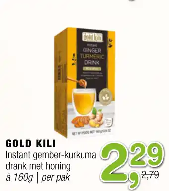 Amazing Oriëntal Gold kili Instant gember-kurkuma drank met honing 160 gram aanbieding