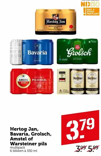 Coop Hertog Jan, Bavaria, Grolsch, Amstel of Warsteiner pils 6*330ml aanbieding