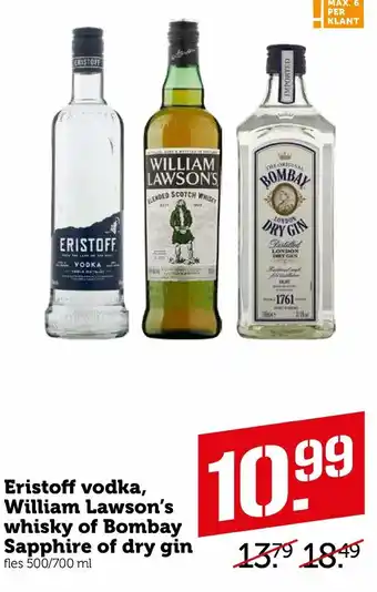 Coop Eristoff vodka, Wiliam Lawson's whisky of Bombay Sapphire of Dry gin 500/700ml aanbieding