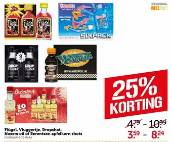 Coop Flugel, Vluggertje, Dropshot, Nozem oil of Berentzen apfelkorn shots 6-/10-pack aanbieding