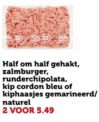 Coop Half-om-half gehakt, kiphaasjes naturel of gemarineerd, zalmburger, runderchipolata, kip cordon bleu 2st aanbieding