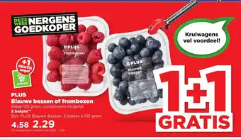 PLUS Blauwe Bessen of Frambozen 125 gram 2 bakjes aanbieding