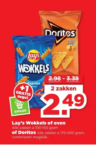 PLUS Lay's Wokkels of Oven Alle zakken a 100-150 gram of Doritos Alle zakken a 170-200 gram aanbieding