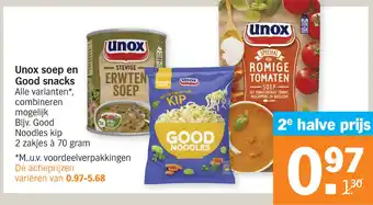 Albert Heijn Unox soep en Good snacks aanbieding