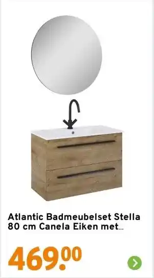 GAMMA Atlantic Badmeubelset Stella 80 cm Canela Eiken met Spiegel en Witte Wastafel aanbieding