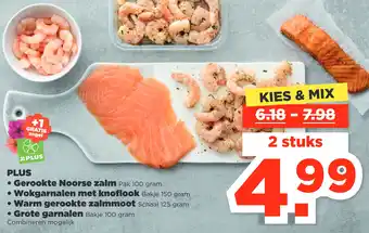 PLUS PLUS Gerookte Noorse zalm, Wokgarnalen met knoflook, Warm gerookte zalmmoot of - Grote garnalen aanbieding