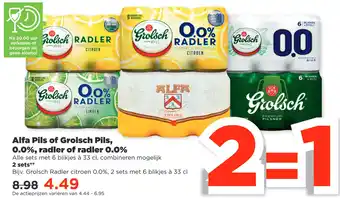 PLUS Alfa Pils of Grolsch Pils, 0.0%, radler of radler O.0% aanbieding