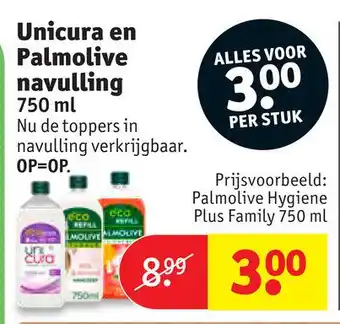 Kruidvat Unicura en Palmolive navulling 750 ml aanbieding