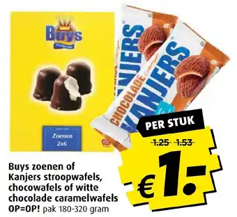 Boni Buys zoenen of Kanjers stroopwafels, chocowafels of witte chocolade caramelwafels 180-320g aanbieding