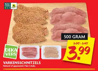 Dekamarkt VARKENSSCHNITZELS Naturel of gepaneerd. Pak 4 stuks. aanbieding