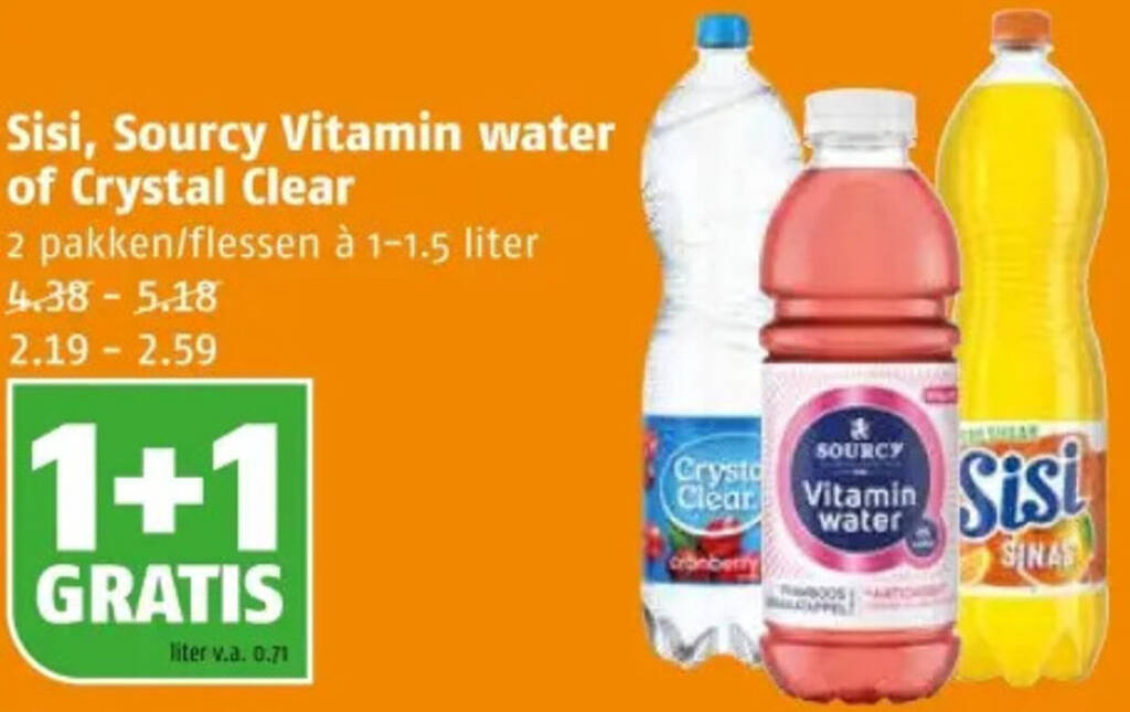 Sisi, sourcy vitamin water of crystal clear 1+1 gratis aanbieding bij
