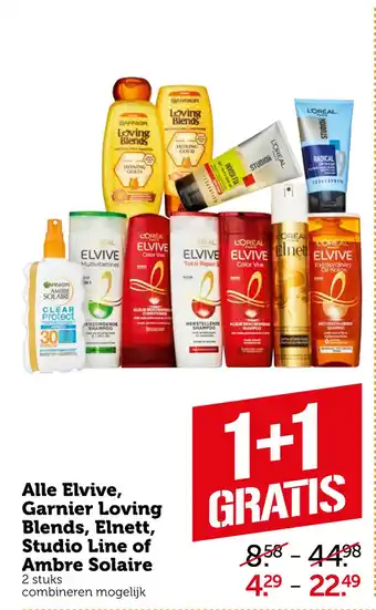 Coop Alle Elvive, Garnier Loving Blends, Elnett, Studio Line of Ambre Solaire aanbieding