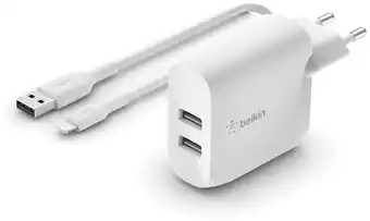 MediaMarkt Belkin Dual Wall Charger 24 Watt Met Pvc Usb-a-naar-lightning-kabel 1 Meter Wit aanbieding