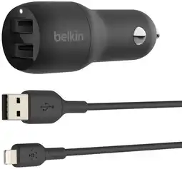 MediaMarkt Belkin Dual Usb-a Car Charger 24 Watt Met Pvc Usb-a-naar-lightning-kabel 1 Meter Zwart aanbieding