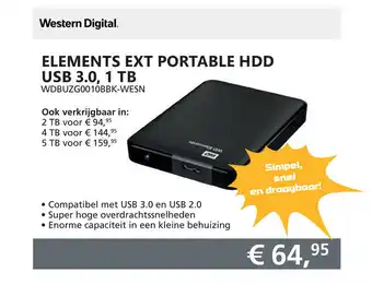 Informatique Western Digital Elements Ext Portable HDD USB 3,0, 1 TB aanbieding