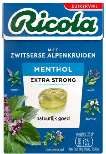 De Online Drogist Ricola Menthol Extra Strong Suikervrij Doosje aanbieding