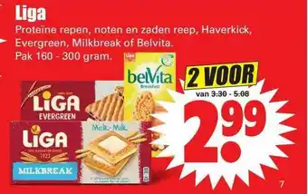 Dirk Liga Proteïne Repen, Noten En Zaden Reep, Haverkick, Evergreen, Milkbreak Of Belvita aanbieding