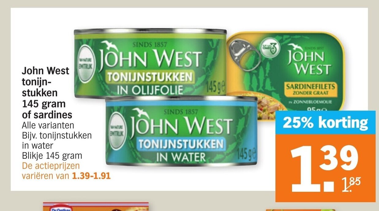 John Westa tonijn stukken 145g of sardines 145g aanbieding bij Albert