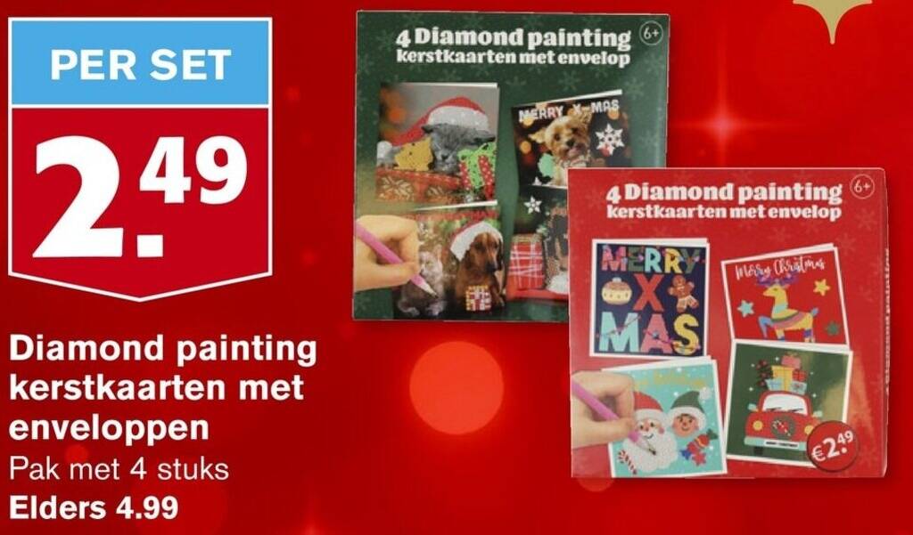 Diamond painting kerstkaarten met enveloppen 4 stuks aanbieding bij ...