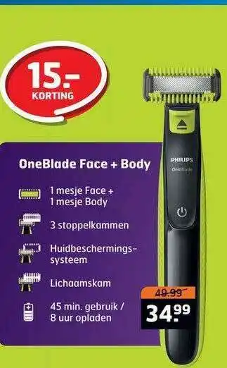 Trekpleister Philips OneBlade Face + Body 15.- Korting aanbieding