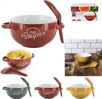 Bol.com Soepkommen met oor en bijpassende lepel - Keramiek - 45cl - 3-voudig - Rood/Geel/Groen aanbieding