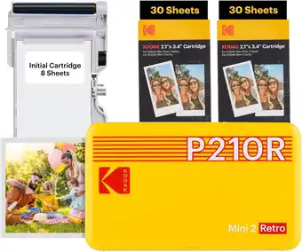 Amazon KODAK Mini 2 Retro 4PASS draagbare fotoprinter (5,3 x 8,6 cm) + pakket met 68 vellen, geel aanbieding