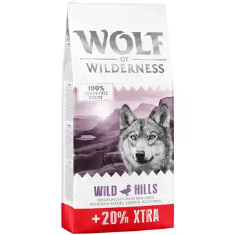 Zooplus 12 + 2,4 kg gratis! 14,4 kg Wolf of Wilderness - Graanvrij - Wild Hills - Eend aanbieding