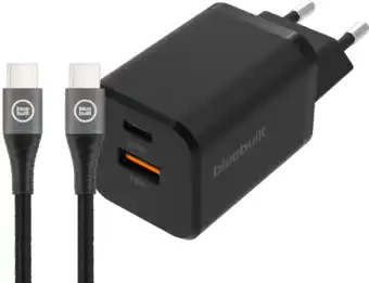Coolblue BlueBuilt Snellader met 2 Usb Poorten 38W Zwart + Usb C Kabel 1,5m aanbieding