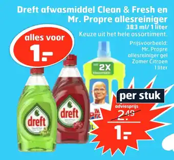 Trekpleister Dreft afwasmiddel clean & fresh en mr. propre allesreiniger 383ml/1 liter aanbieding