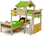 Bol.com WICKEY Kinderbed hoogslaper CrAzY Jungle appelgroene/gele Houten bed 90 x 200 cm aanbieding