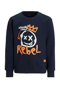 Wehkamp Orange Stars sweater Rai met printopdruk donkerblauw aanbieding