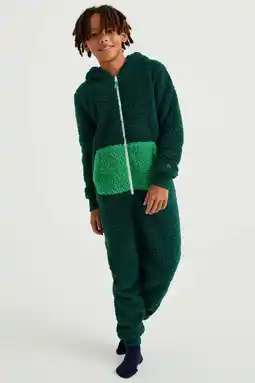 Wehkamp WE Fashion teddy onesie Dino donkergroen/groen aanbieding