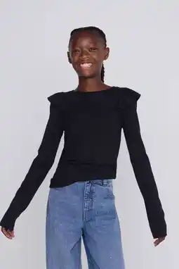 Wehkamp Coolcat Longsleeve Ruffels Rib Top Tegan Zwart aanbieding