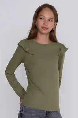 Wehkamp Coolcat Longsleeve Ruffels Rib Top Tegan Khaki aanbieding