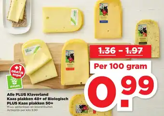 PLUS Alle Plus Klaverland Kaas plakken 48+ of Biologisch Plus Kaas plakken 50+ 100g aanbieding