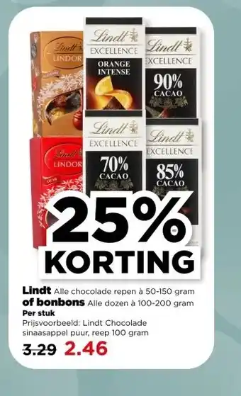 PLUS Lindt Alle chocolade repen à 50-150 gram of bonbons Alle dozen à 100-200 gram aanbieding