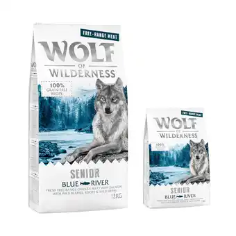 Zooplus 12 + 2 kg gratis! 14 kg Wolf of Wilderness Honden Droogvoer SENIOR Blue River - Scharrelkip & Zalm aanbieding