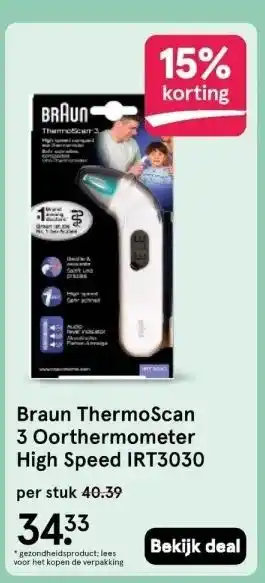 Etos Braun ThermoScan 3 Oorthermometer High Speed IRT3030 aanbieding