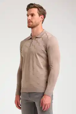 Wehkamp GABBIANO fijngebreide slim fit polo met ingebreid patroon taupe aanbieding