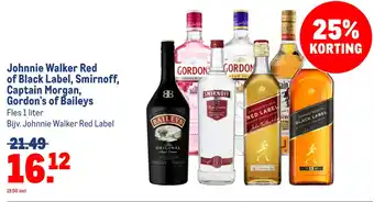 Makro Johnnie Walker Red of Black Label, Smirnoff, Captain Morgan, Gordon's of Baileys aanbieding