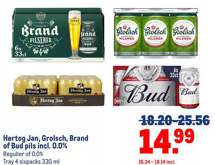 Makro Hertog Jan, Grolsch, Brand of Bud pils incl. 0.0% aanbieding