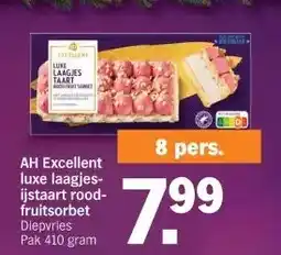 Albert Heijn AH Excellent luxe laagjes- ijstaart rood- fruitsorbet aanbieding