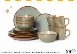 Xenos Serviesset - groen - 16-delig - 4 persoons - reactive glaze aanbieding