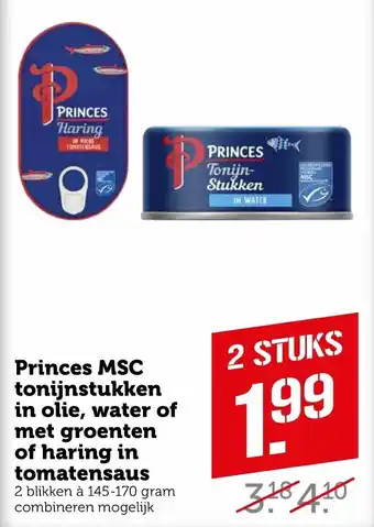 Coop Princes MSC tonijnstukken in olie, water of met groenten of haring in tomatensaus aanbieding