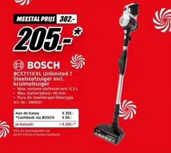 MediaMarkt BOSCH BCS711XXL Unlimited 7 Steelstofzuiger incl. kruimelzuiger aanbieding