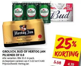 Dekamarkt GROLSCH, BUD OF HERTOG JAN PILSENER OF 0.0 aanbieding